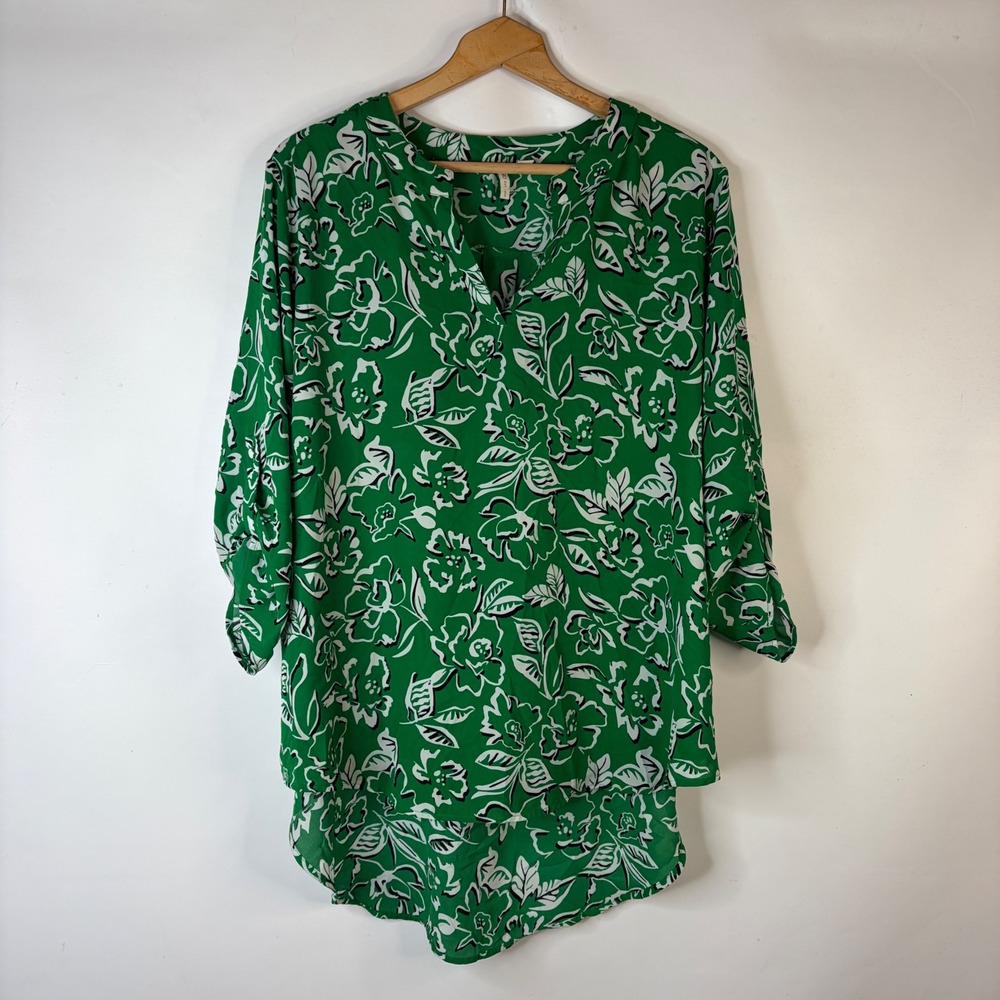 Cato Blouse Womens 18/20W Green Floral Roll Tab Sleeve High Low Tunic